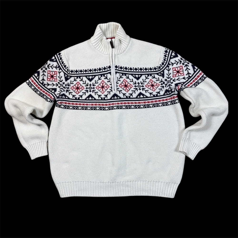 IZOD Nordic‎ Knit Quarter Zip Sweater XL White Red Blue Fair Isle Pullover